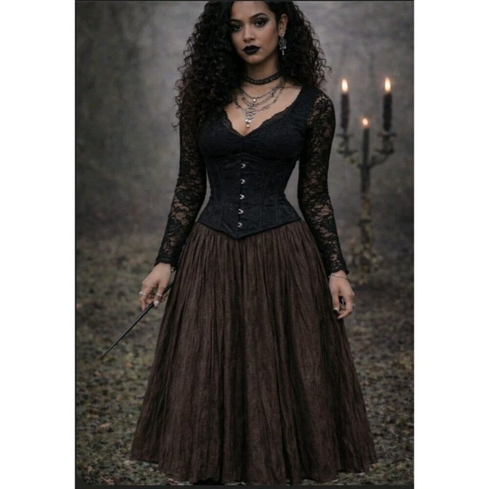Chicos Faux Suede Whimsigoth Crinkle Broom Skirt Midi Size Large Chocolate Brown